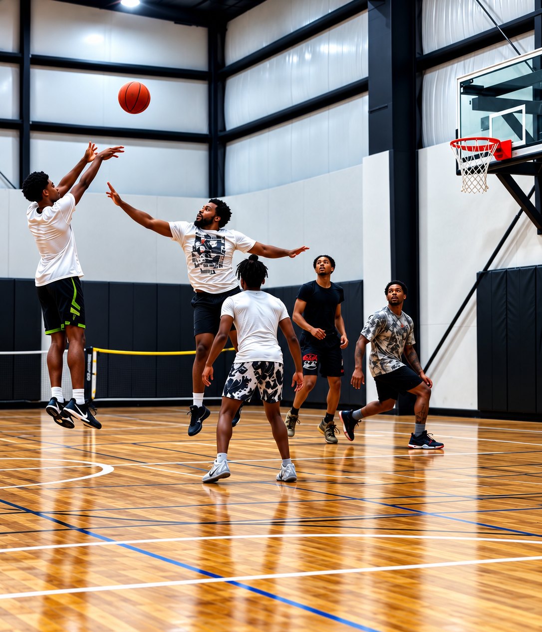 Players in a pickup basketball game on the MentorSports court